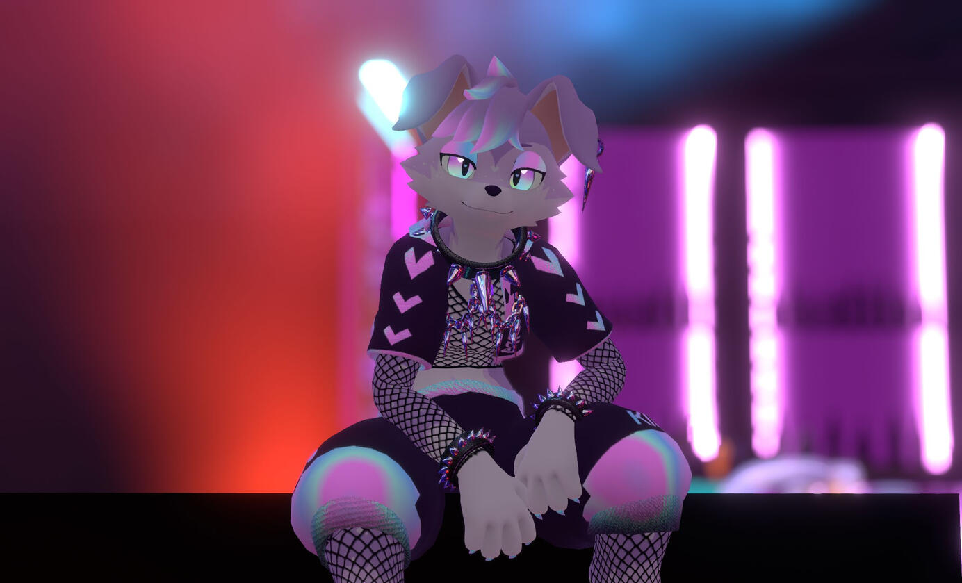 Photo of my VRChat Kinu OC texture, the fishnets and spiked accessories I made